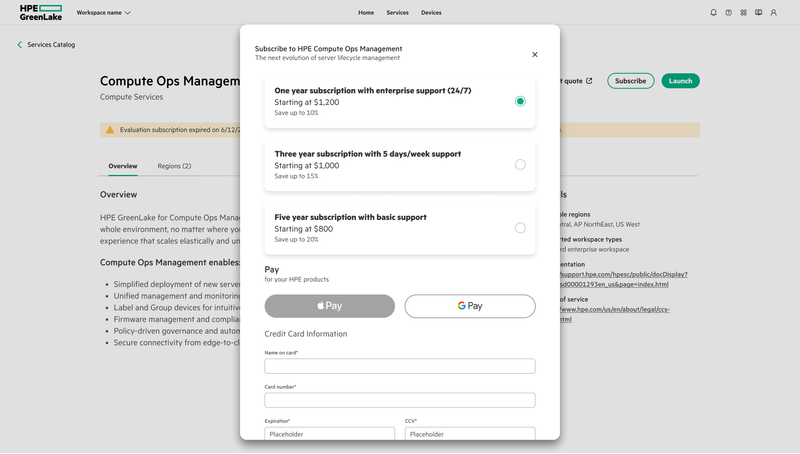 Hybrid Cloud Platform commerce and trials screen with product recommendations