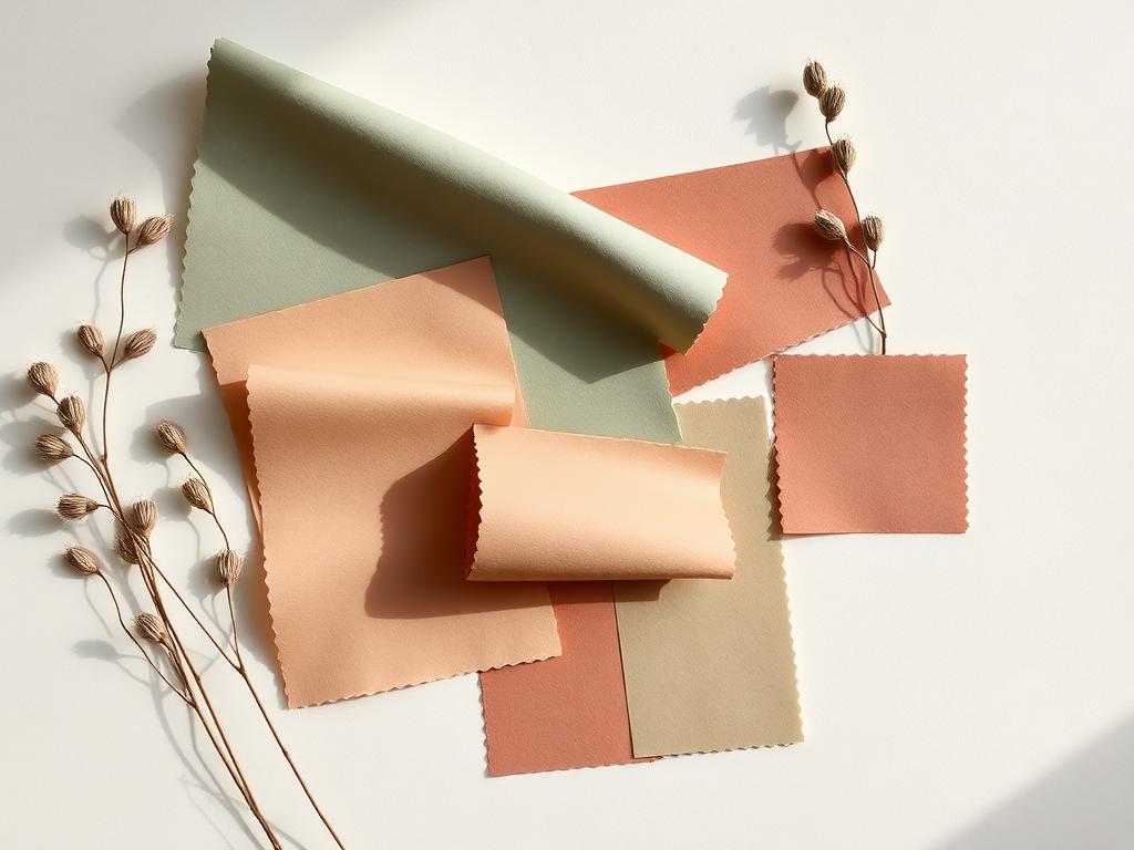 Flat lay of sage green, terracotta and peach fabric swatches with dried plant sprigs