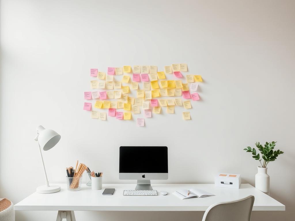 Minimalist white home office desk with yellow and pink sticky notes on the wall behind it