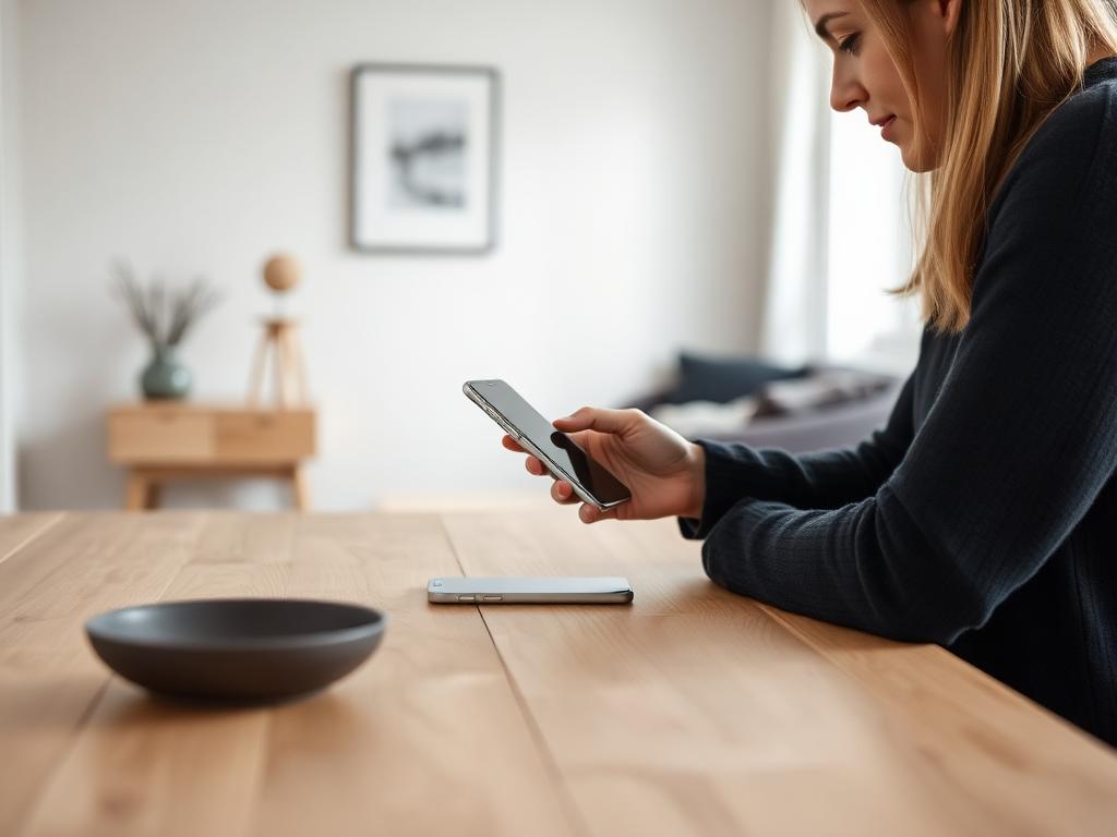 Woman in a dark sweater looking at a smartphone at a wooden table