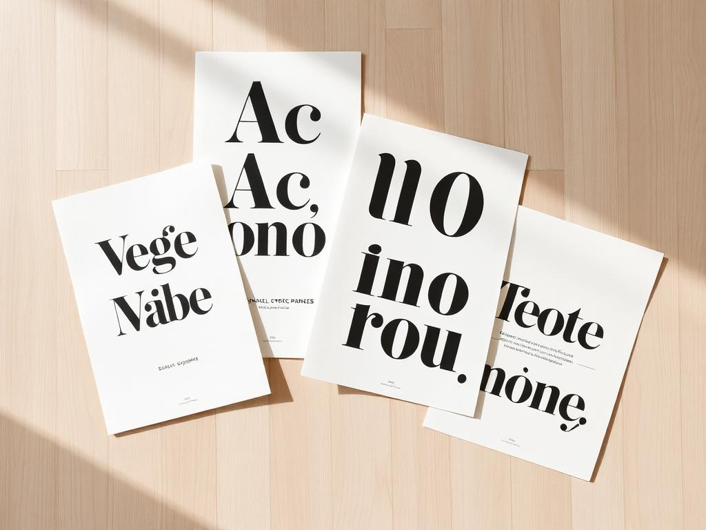 Four white posters with bold black serif typography on a light wood floor