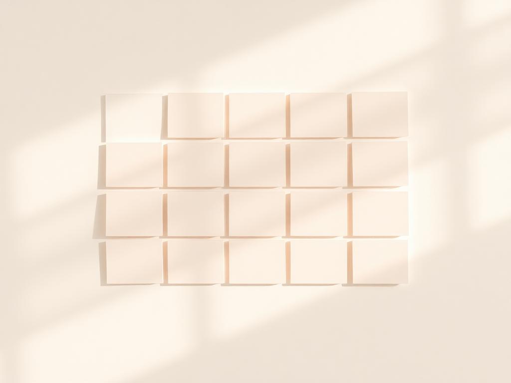 Grid of pale peach rectangular boxes mounted on a matching wall under window shadow